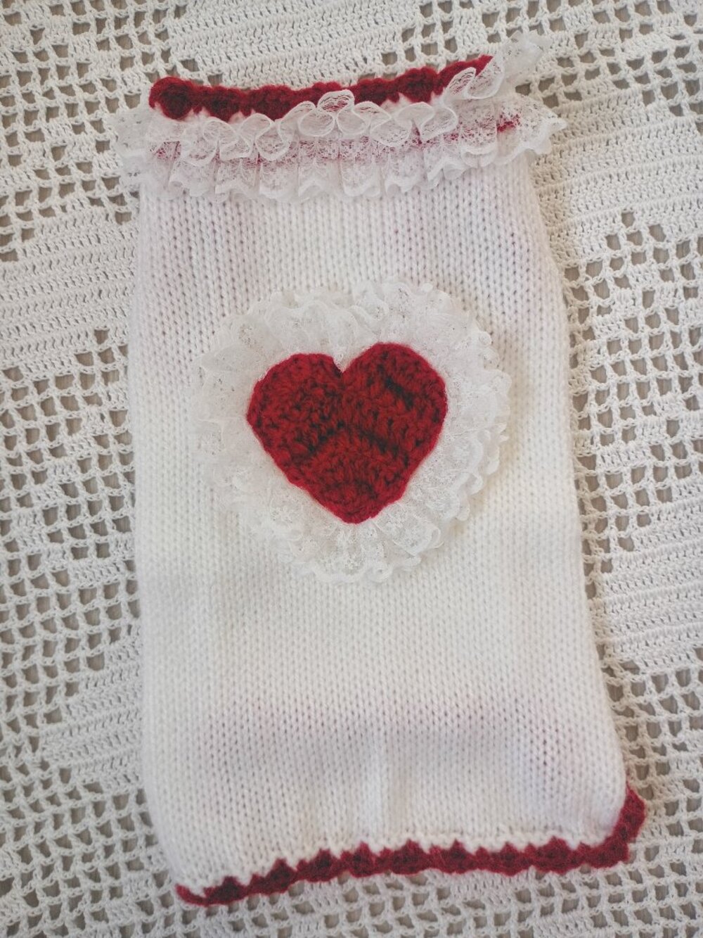 Knitted XS White and Red Valentine Heart Dog Sweater with Lace